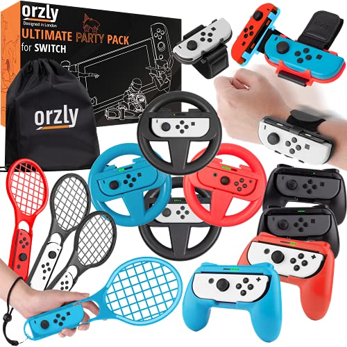 Pacote de acessórios de festa Orzly para Nintendo Switch Console com controladores e rodas de corrida, bandas de dança, raquetes de ténis - 16 acessórios para festas e bolsa de transporte