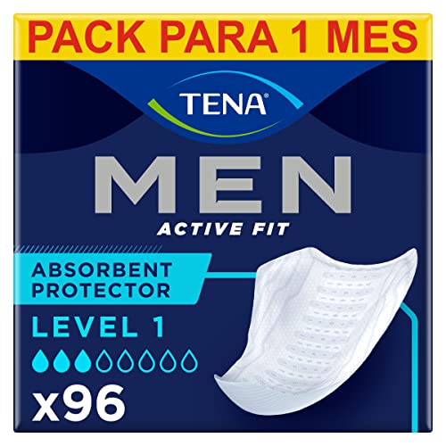 TENA Men Level 1 x 96 - Compresa protetora e absorvente para homem, para incontinência e gotejamento moderado - Zona de absorção melhorada - Discrição máxima - Pacote mensal (8 x 12)