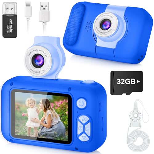 ARNSSIEN Câmara com fotos infantis, câmara de fotos para crianças com lente de 180°Flip e ecrã IPS 2,4 polegadas, brinquedo de aniversário para meninos e meninas de 3-12 anos, cartão de 32 GB, X101