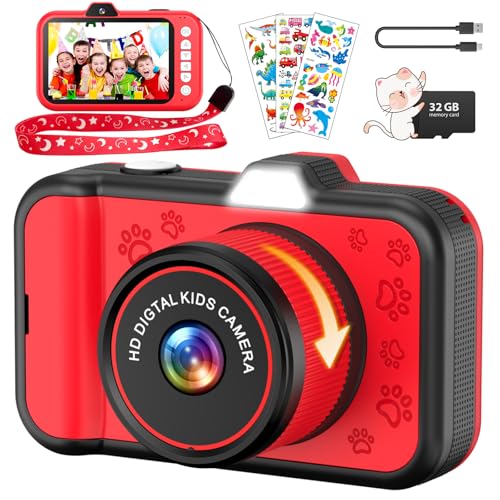 Câmara com fotos infantis, Ushining de 3,5 polegadas de ecrã grande 1080 P selfie vídeo câmara de fotos para crianças com zoom rotativo 360° flash LED cartão de 32 GB, presente para meninos e meninas