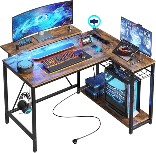 Bestier Secretária em forma de L com tomadas de energia e luzes LED, secretária de canto com prateleiras, reversível para computador para casa, escritório, quarto, espaço pequeno, 106,5 cm