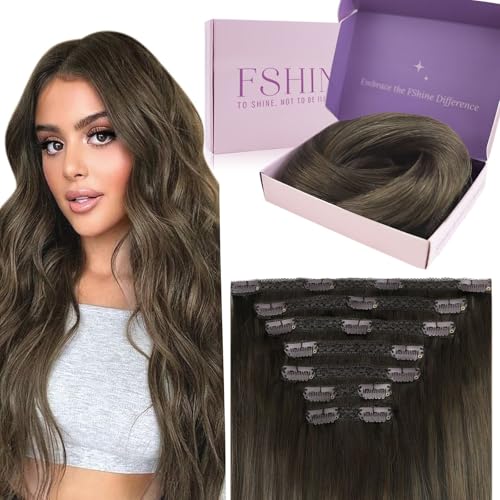 Fshine Cabelo humano Balayage clipe de extensão Remy 18 polegadas 7 peças grossas duplo trama castanho escuro a castanho extensões de cabelo reto 120 gramas cor 2 8 2