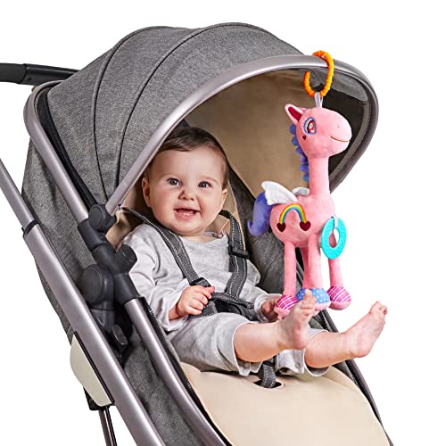 TUMAMA KIDS Brinquedo chocalho para bebés com mordedor, assento de carro carrinho brinquedo pendente, cavalo rosa animal peluche brinquedos chocalho para recém-nascidos, meninos e meninas 0 3 6 9 12
