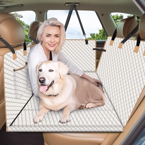 Lekespring Protetor de assento para animais de estimação com base de madeira reforçada - capa de carro cão impermeável 3 em 1, antiderrapante, anti-riscos, compatível com SUV/sedan / camionetas - bege