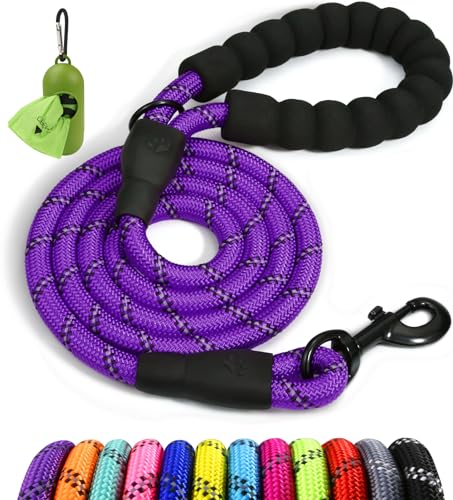 Taglory Trela de cão, trela forte de cão para cães grandes com cabo acolchoado macio e fios refletores, 1,8 m x 1,2 cm, roxo