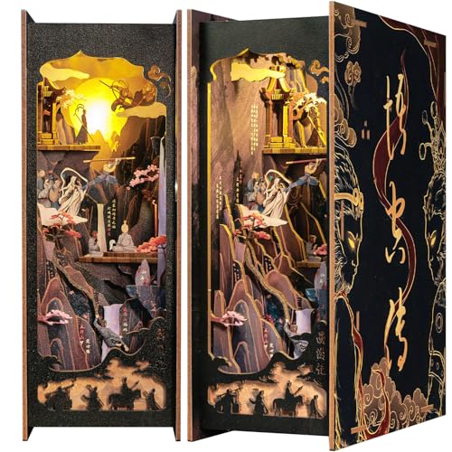 Fsolis Book Nook Kit - DIY Casa de bonecas de madeira, kit de canto de livros em miniatura para, modelo de kit de prateleiras com sensor de luz LED, presentes populares para crianças (The Legend of WU