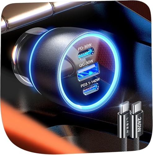 LISEN 170 W Carregador de carro carregamento rápido para MacBook Air Pro, carregador isqueiro USB C [PD 140 W & 240 W cabo] Isqueiro 12 V/24 V acessórios carros para iPhone 16 15 Pro MAX Samsung S25