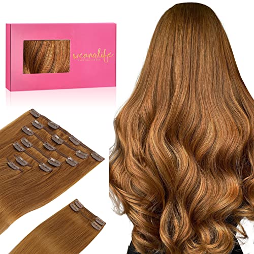 WENNALIFE Extensões de clipe de cabelo natural, gengibre de mogno 150 g 50 cm 9 peças extensões de cabelo natural Remy cabelo humano extensões de cabelo natural clipe duplo Weft extensões de clipe