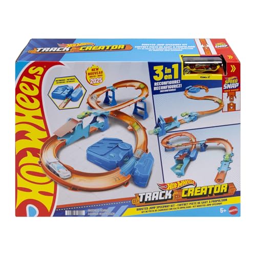 Hot Wheels Circuito supersalto conjunto de pista com carro de brinquedo, caixa de construção exclusiva com propulsor motorizada, veículo em escala 1:64 e pista Speed Snap, JDB49