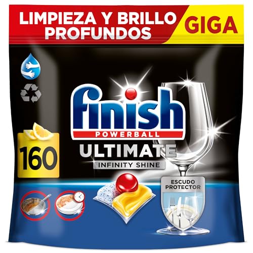 Finish Powerball Ultimate Infinity Shine, pastilhas para máquina de lavar louça com poder removedor de gorduras e proteção de vidro, aroma de limão, 2 embalagens de 80, total 160 comprimidos