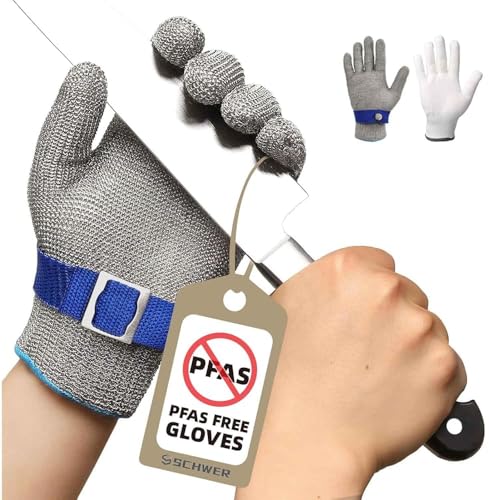 Schwer Luvas anticorte nível 5, luvas de trabalho de malha metálica, sem flúor, luvas de cota de malha para descascar, corte e descascamento de ostras em açougueiros (L)