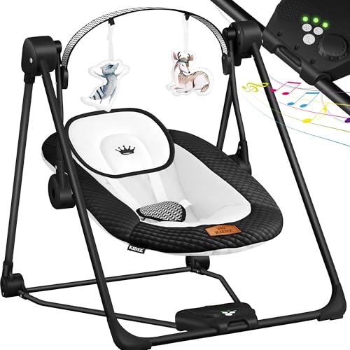 KIDIZ® Balancim para bebé com 5 configurações de velocidade, dobrável, com arco de jogos, 5 sons naturais calmantes preto