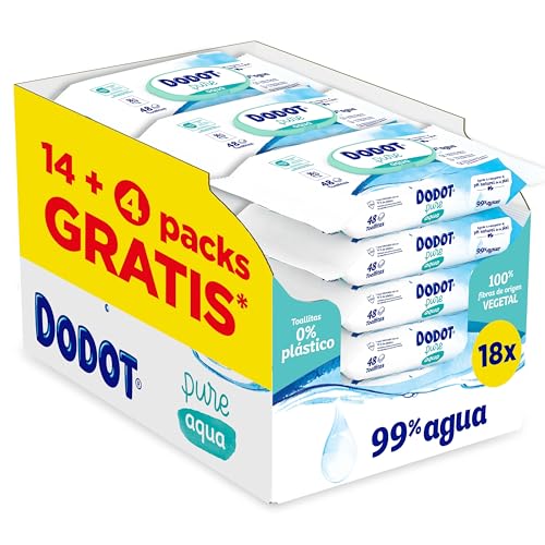 Dodot Toalhetes Pure Aqua para bebé 18 unidades de 48 unidades = 864 toalhetes, ajudam a restaurar o PH natural da pele, 99% água