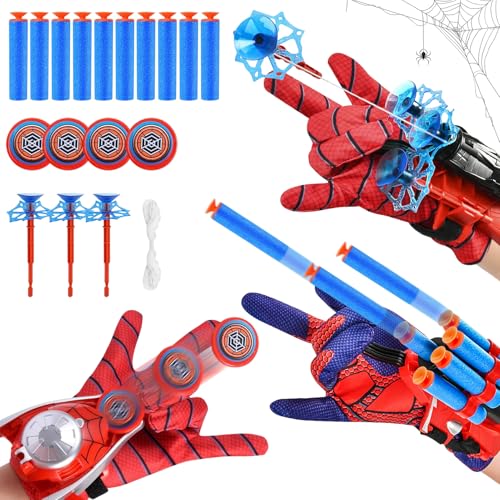 Taufe 3 conjuntos de luvas de lançador, lançar teias de aranha, luvas Spiderm lança teias de aranha, luvas Spiderm, jogos de lançador Glove, luvas lançadoras Spiderm com dardos ventosa e disco