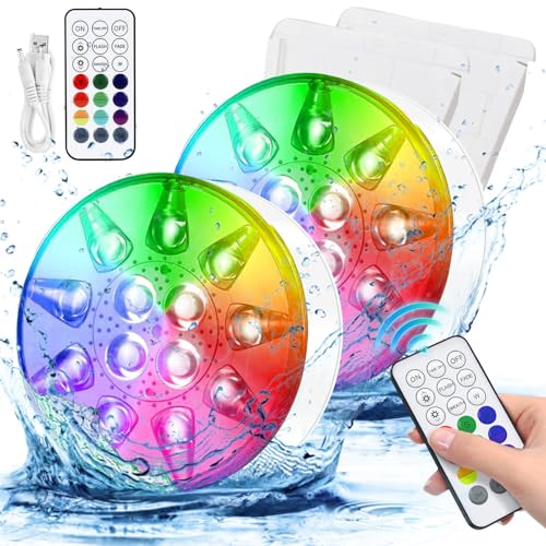 Luzes LED submersíveis piscina recarregáveis, IP68 impermeáveis com comando RF, USB, temporizador, RGB 16 cores 13 LEDs para piscina, jacuzzi, aquário, lagoa, vaso, festa (pack de 2)