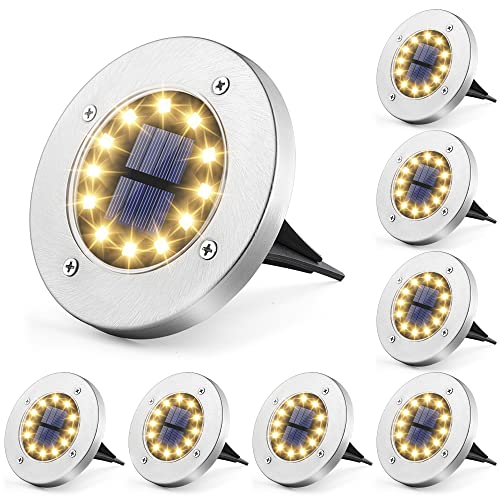 Solpex Luzes solares para jardim 12 LEDs 8 peças, luzes de jardim branco quente aço inoxidável impermeável para exteriores, jardim, pátio, relva, passarela