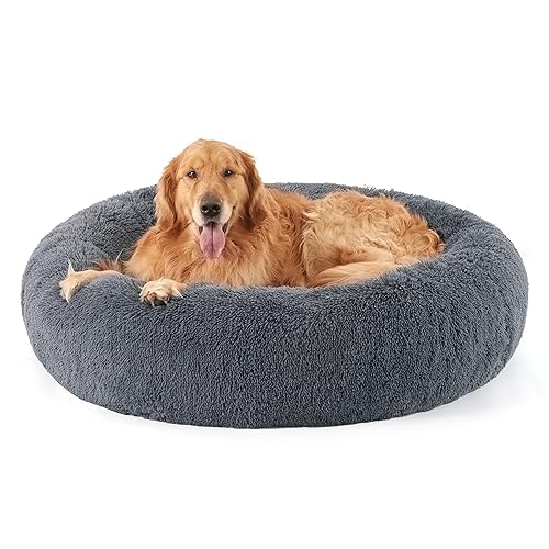 Bedsure Cama de gato anti-stress inverno - cama de cão pequeno com pelúcia macia, almofada animal de estimação de cabelo relaxante e lavável, cinzento escuro, 115 x 115 cm