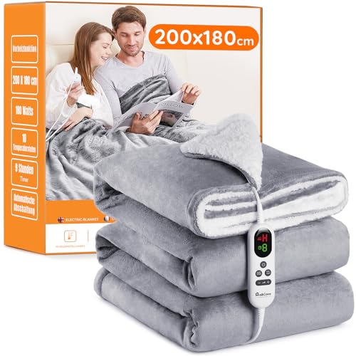Cobertor elétrico grande térmico para cama 180 x 200 cm, 10 níveis de calor e temporizador de desligamento automático de 1 ~ 9 horas para proteção, ecrã LED, para cama casa e escritório, flanela