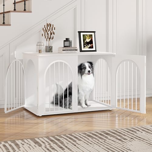 Hzuaneri 100 cm Gaiola para cães, mesa auxiliar, casa moderna para cães, gaiola de cão grande para casa de madeira, duplex para animais, 3 portas, porta arqueada, 60 x 100 x 63 cm, branco
