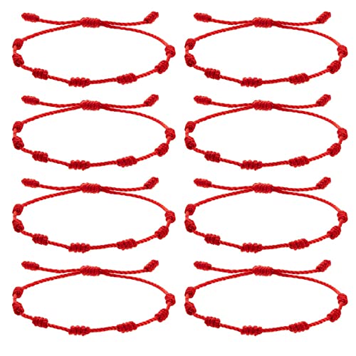 VEGCOO 8 Peças pulseira vermelha 7 nós, pulseira fio vermelho pulseira mau olhado para proteção e boa sorte, amuleto de Kabbalah, pulseira ajustável para casais, homem, mulher e família