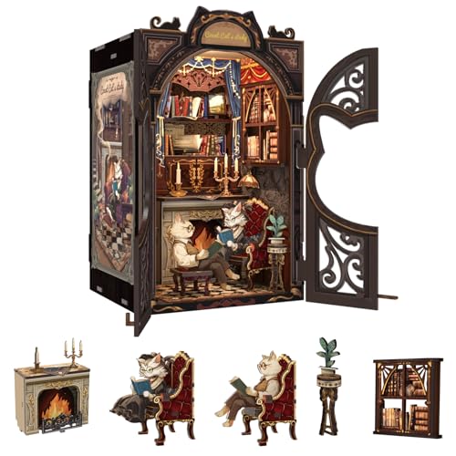 Fsolis Book Nook Kit, kit doméstico em miniatura com luz LED, kit de estantes para canto de livros, kits de maquetes para construção por adultos, presente criativo de canto de livros