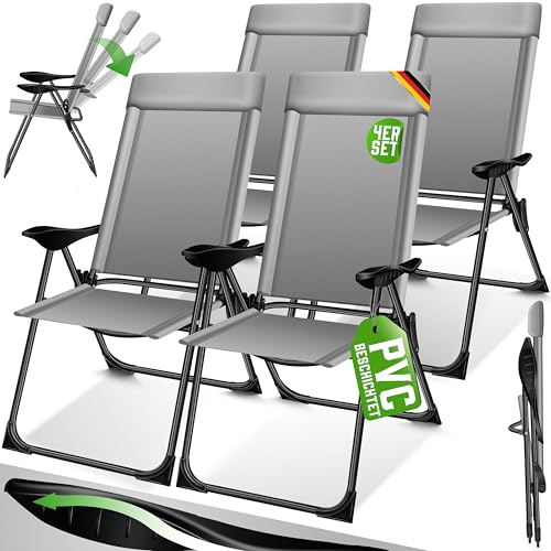 KESSER® Conjunto de 4 cadeiras de jardim dobráveis de alumínio com encosto alto ajustável 7 posições, apoio de braços respiráveis, portáteis, cadeira de campismo para jardim e terraço, cinzento