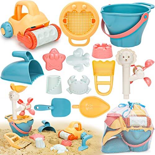 Sanlebi Brinquedos de praia crianças com balde, palhetas e saco de malha reutilizável, brinquedos areia jogos de praia para bebé 3 4 5 anos