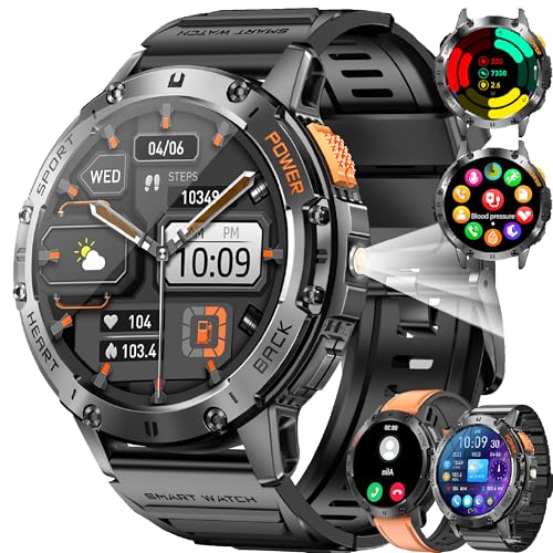 Relógio inteligente homem 650 mAh, 1,43 grande ecrã com lanterna smartwatch homem, 3 correias/chamadas/5ATM impermeável/monitor de sono/120 modos desportivos, Smartwatch para Android iOS