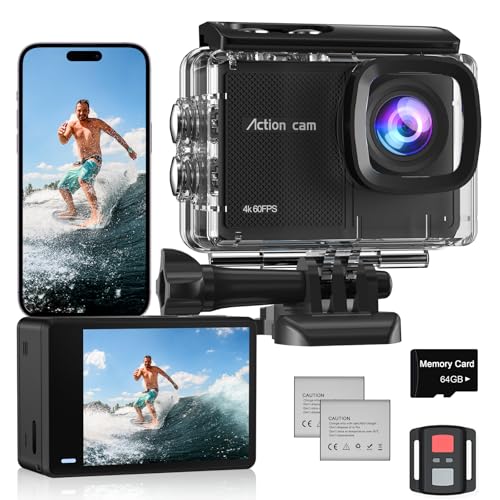Câmara desportiva 4K 60FPS, 8X Zoom Câmara de vídeo com capacete Wi-Fi com EIS anti-vibração, 48 MP subaquática mergulho 40 m, com cartão 64 GB, controlo remoto, 2 * 1350 mAh baterias, vários
