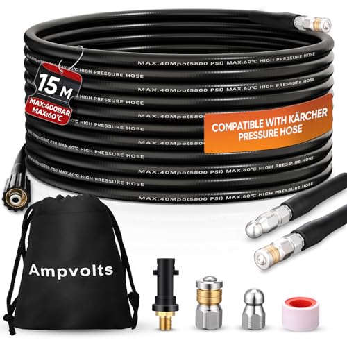 Ampvolts 15 m Desbloqueador de tubos de pressão - 400 bar/5800 PSI, compatível com hidrolimpadoras Karcher K2 K3 K4 K5 K6 K7 - Limpa facilmente tubos e drenagem entupidos