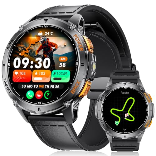 LIGE GPS Integrado relógio inteligente homem, 1,43" AMOLED Smartwatch com LED lanterna para Android e iOS, resistente à água 5ATM, 300 mostrador, bússola / altímetro, 170 + desportos, preto grafite