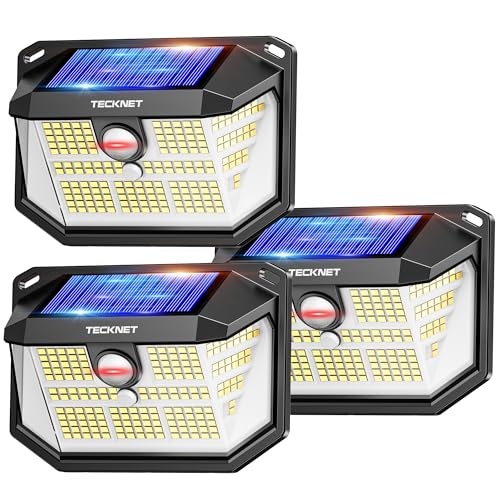 TECKNET Luz solar exterior, iluminação 231 LED/300° (luz 35 pouces) brilho alto luzes solares com sensor de movimento, 3 modos IP65 impermeável holofotes LED solares para jardim, garagem, pátio, 3