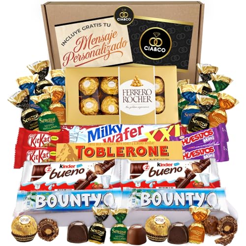 Lote exclusivo de + 30 Chocolates e chocolate premium com Ferrero Rocher, bombons cheios, Toblerone, Kinder bom e muito mais - um presente incrível para o dia da mãe, com cartão e texto personalizados