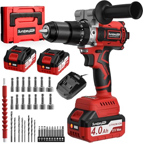 SundpeyPRO Broca Percutor a bateria 21 V - 120 Nm sem escovas broca parafuso bateria com 2 x 4,0 Ah baterias, 20 + 3 ajuste de par broca sem fios elétrica com 13 mm porta-brancas, 2 velocidades