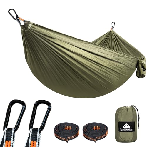NATUREFUN Rede ultraleve para Camping| 300 kg de capacidade de carga, estilo paraquedas, de Nylon, respirável e de secagem rápida 2 mosquetões premium, 2 lingas de nylon incluídas.