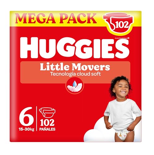 HUGGIES Little Movers Fraldas para bebé com desenhos Disney tamanho 6 (15 - 30 kg), conforto para a pele 24/7, 3 pacotes de 34, total 102 fraldas