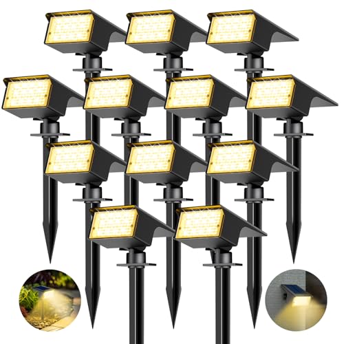 kolpop Luzes solares LED para exterior e jardim [12 peças/77 LED], 3000 K luz solar exterior quente, impermeável IP65, 1800 LM Focos solares para pátio, piscina, vasos, chão, calçado, terraço, relva