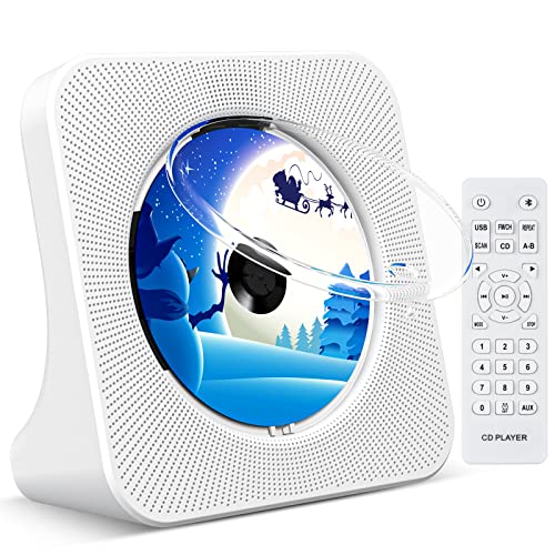 KOVCDVI Leitor de CD para casa, secretária, leitor de CD com alto-falantes, leitores de CD, Bluetooth 5.0 com controlo remoto, cobertura antipoeira, ecrã de rádio FM, temporizador USB