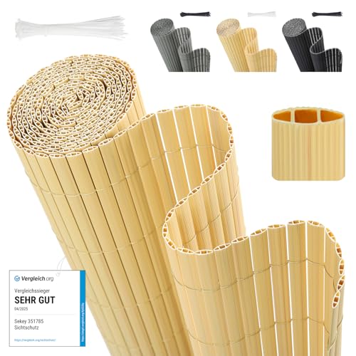 Sekey Canhiz de PVC, malha escondida com flanges para cabos, ecrã de privacidade, varanda, jardim, fitas duplas reforçadas, resistente ao interior, 100 x 500 cm, bambu