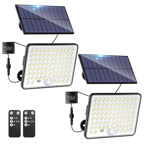 kolpop 2 Pacotes solares LED exteriores, holofotes LED solares sensor de movimento com controlo remoto, IP65 luz solar impermeável, 3 modos luz solar exterior potente para jardim, pátio, garagens
