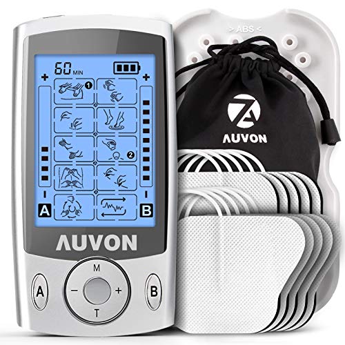 AUVON TENS Eletroestimulador digital de canal duplo para aliviar a dor, eletroestimulador TENS de unidade com 20 modos, 10 peças de elétrodos premium de 2" x 2" com design patenteado