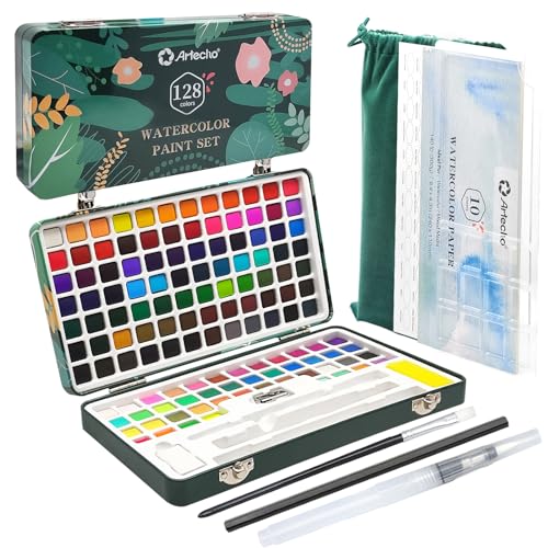 Artecho Conjunto de pintura em aguarela de 128 cores em caixa portátil com paleta de aguarela, papéis de aguarela e pincéis, ideal para adultos, artistas e fãs