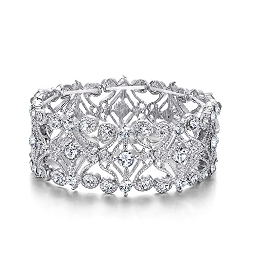 Clearine Pulseira de cristal redonda pulseira de ténis elástica com diamante duplo para mulher tom prateado claro