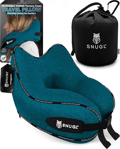 SNUGL Almofada de viagem ergonómica, almofada pescoço de viagem com espuma viscoelástica, almofada cervical com bolsa de transporte para carro e avião, azul turquesa - adulto regular)