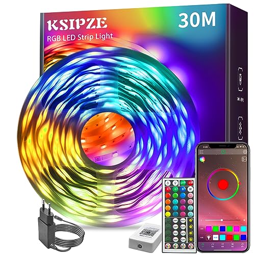 KSIPZE Luzes LED para quarto de 30 m, faixa LED RGB controlo remoto IR e Bluethooth App, luz led adesiva sincronização de música, modo de temporização, para quarto, sala de jogos