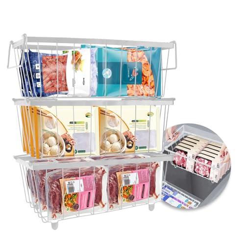 Yallmie 3 peças cesta branca para congelador, 34 * 18 * 14 cm cesta de arco congelador com alças, dobrável e empilhável organizadores de arame com fundo antiderrapante para 141 - 198 L frigoríficos