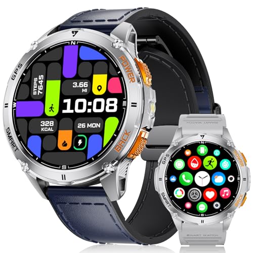 LIGE GPS Integrado relógio inteligente para homem, 1,43" AMOLED Smartwatch com LED lanterna para Android e iOS, resistente à água 5ATM, 300 mostrador, bússola / altímetro, 170 desportos, azul escuro
