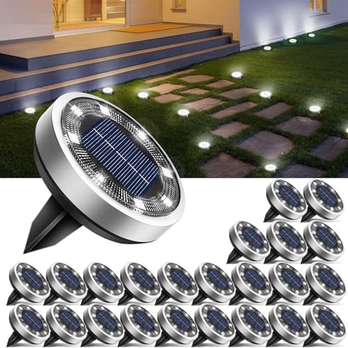 btfarm 24 Pacotes luzes solares LED para exteriores, jardim, chão, 8 LED luz solar exterior e jardim, IP65, candeeiros solares exteriores e jardim, caminho, relva, pátio (branco frio)