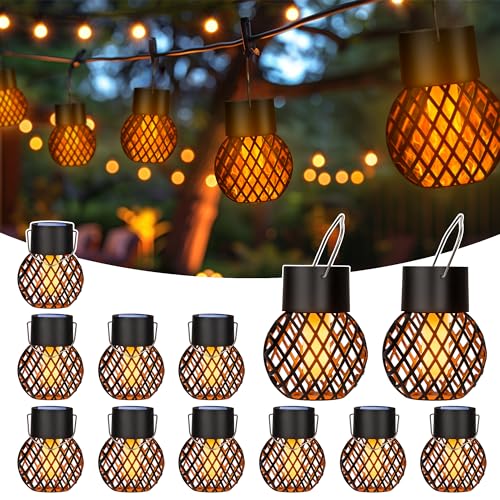 GIGALUMI Pacote de 12 luzes solares pendentes de chama intermitente, luzes solares impermeáveis para jardim, pátio, cerca, árvore