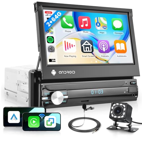 Hodozzy 2 GB + 64 GB Android rádio 1 DIN com Carplay Android navegação automática GPS, WiFi, Bluetooth, rádio FM/RDS, ecrã táctil de 7 polegadas com Mirror Link, USB/AUX, controlos de volante, câmara